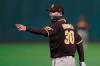 San Diego Padres first baseman Eric Hosmer (30) gestures during the eighth inning of a baseball game against the San Francisco Giants in San Francisco, Tuesday, July 28, 2020. (AP Photo/Jeff Chiu)