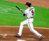 Atlanta Braves' Freddie Freeman watches his two-run home run against the Miami Marlins during the third inning of a baseball game Wednesday, Sept. 9, 2020 in Atlanta. (Curtis Compton/Atlanta Journal-Constitution via AP)