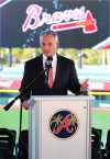 Baseball Commissioner Rob Manfred takes questions about the Houston Astros during a news conference at the Atlanta Braves' spring training facility Sunday, Feb. 16, 2020, in North Port, Fla. (Curtis Compton/Atlanta Journal-Constitution via AP)