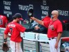 Atlanta Braves manager Brian Snitker gives Dansby Swanson and the rest of the team a tip of the cap at Truist Park after beating the New York Mets during a baseball game on Sunday, Aug. 2, 2020, in Atlanta. (Curtis Compton/Atlanta Journal-Constitution via AP)