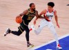 Los Angeles Lakers' JR Smith (21) moves the ball against Portland Trail Blazers' Anfernee Simons (1) during the second quarter of Game 4 of an NBA basketball first-round playoff series, Monday, Aug. 24, 2020, in Lake Buena Vista, Fla. (Kevin C. Cox/Pool Photo via AP)