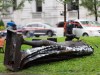 The statue of Sir John A. MacDonald is shown torn down following a demonstration in Montreal, Saturday, Aug. 29, 2020, where they protested to defund the police with a goal to end all systemic racism within all sectors of the Canadian government. THE CANADIAN PRESS/Graham Hughes