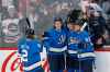 Winnipeg Jets' Anthony Bitetto (2), Sami Niku (8), Jack Roslovic (28) and Nikolaj Ehlers (27) celebrate Roslovic's goal abasing the St. Louis Blues during first period NHL action in Winnipeg on Saturday, February 1, 2020. (John Woods / The Canadian Press)