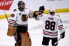 CP
Chicago Blackhawks goaltender Marc-Andre Fleury celebrates with Patrick Kane after the Blackhawks third goal against the Winnipeg Jets in Winnipeg, Monday. THE CANADIAN PRESS/Fred Greenslade