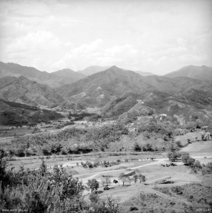 Phillip Oliver Hobson
In this June 1952 photo, a panoramic view from the left of A Company's, 1st Battalion, The Royal Australian Regiment (1RAR), position at Kapyong, facing the direction from which the Communists advanced.