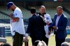 New Los Angeles Dodgers players David Price and Mookie Betts are greeted by Dodger President, Baseball Operations, Andrew Friedman and manager Dave Roberts during a news conference to announce their acquisition at the Dodger Stadium in Los Angeles, Wednesday, Feb. 12, 2020. (AP Photo/Chris Carlson)