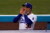 Los Angeles Dodgers manager Dave Roberts yells from the dugout before a baseball game against the Los Angeles Angels, Saturday, Sept. 26, 2020, in Los Angeles. (AP Photo/Ashley Landis)