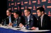 From left, Boston Red Sox owner John Henry, chairman Tom Werner, CEO Sam Kennedy and Chief Baseball Officer Chaim Bloom participate in a baseball news conference at Fenway Park, Wednesday, Jan. 15, 2020, in Boston. The Red Sox have parted ways with manager Alex Cora, with the move coming one day after baseball Commissioner Rob Manfred named him as a ringleader with Houston in the sport's sign-stealing scandal. (AP Photo/Elise Amendola)