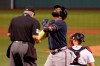 Atlanta Braves' Marcell Ozuna celebrates as he crosses the plate after hitting a home run during the seventh inning of the team's baseball game against the Boston Red Sox, Tuesday, Sept. 1, 2020, in Boston. (AP Photo/Mary Schwalm)