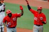 Washington Nationals' Howie Kendrick (47) is greeted with 