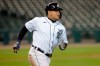 Detroit Tigers' Miguel Cabrera watches his home run against the Kansas City Royals during the third inning of a baseball game Tuesday, Sept. 15, 2020, in Detroit. (AP Photo/Jose Juarez)
