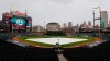Rain falls on Comerica Park during a weather delay for a baseball game between the Cincinnati Reds and Detroit Tigers in Detroit, Saturday, Aug. 1, 2020. (AP Photo/Paul Sancya)