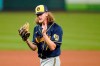 Milwaukee Brewers relief pitcher Josh Hader celebrates after getting St. Louis Cardinals' Paul Goldschmidt to fly out in foul territory for the final out of a baseball game Saturday, Sept. 26, 2020, in St. Louis. The Brewers won 3-0. (AP Photo/Jeff Roberson)