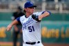 Kansas City Royals starting pitcher Brady Singer delivers to a Minnesota Twins batter during the first inning of a baseball game at Kauffman Stadium in Kansas City, Mo., Saturday, Aug. 22, 2020. (AP Photo/Orlin Wagner)