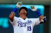 Kansas City Royals Salvador Perez gestures while celebrating his RBI double during the third inning of a baseball game against the Chicago Cubs at Kauffman Stadium in Kansas City, Mo., Thursday, Aug. 6, 2020. (AP Photo/Orlin Wagner)