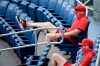 Washington Nationals' Stephen Strasburg (37) watches from the stands during the first inning of a baseball game against the Toronto Blue Jays, Tuesday, July 28, 2020, in Washington. (AP Photo/Nick Wass)