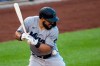 Miami Marlins' Jorge Alfaro is hit by a pitch during the fourth inning of a baseball game against the Washington Nationals in Washington, Monday, Aug. 24, 2020. (AP Photo/Manuel Balce Ceneta)