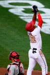 Washington Nationals' Juan Soto (22) celebrates his home run next to Philadelphia Phillies catcher J.T. Realmuto, bottom, during the second inning of a baseball game, Wednesday, Aug. 26, 2020, in Washington. (AP Photo/Nick Wass)