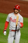 Philadelphia Phillies' Bryce Harper reacts after striking out during the fifth inning of a baseball game against the Washington Nationals, Monday, Sept. 21, 2020, in Washington. (AP Photo/Nick Wass)