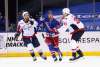 New York Rangers' Pavel Buchnevich (89) skates between Washington Capitals' Tom Wilson (43) and Zdeno Chara (33) during the first period of an NHL hockey game Wednesday, May 5, 2021, in New York. (Bruce Bennett/Pool Photo via AP)