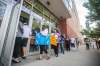 MIKAELA MACKENZIE / WINNIPEG FREE PRESS
Health-care workers wait to enter Bell MTS Place to watch the Jets face the Montreal Canadiens on Wednesday in the first game of their second-round playoff matchup. Five hundred workers were chosen by lottery to attend the game.