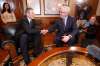 Manitoba PC leader and premier-elect Brian Pallister (L) meets with NDP leader and former premier Greg Selinger inside the premier's office at the Legislature in Winnipeg, Wednesday, April 20, 2016 the day after his party defeated the NDP with a majority. THE CANADIAN PRESS/John Woods