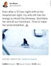 A screen capture of MLA Jon Reyes’ tweet about his wife shovelling snow. (Twitter)