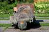 A statue of Queen Elizabeth is seen overturned and vandalized at the provincial legislature in Winnipeg on Friday. (Kelly Geraldine Malone / The Canadian Press)