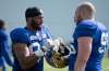 ALEX LUPUL / WINNIPEG FREE PRESS
Winnipeg Blue Bombers defensive end Jackson Jeffcoat (left) chats with defensive tackle Jake Thomas Wednesday at training camp. Jeffcoat says everyday is about competing and being the best.