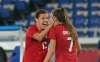 Canada's Christine Sinclair (right) celebrates with Julia Grosso, who scored the winning penalty kick goal against Sweden, during the women's soccer gold medal game at the Tokyo Olympics in Yokohama, Japan on Friday, August 6, 2021. THE CANADIAN PRESS/Adrian Wyld