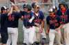 JOHN WOODS / WINNIPEG FREE PRESS
Elmwood Giants&rsquo; Owen Harms (6) and his team celebrate his 3-run homer against the Pembina Valley Orioles in the Manitoba Junior Baseball League final in Winnipeg Monday.
