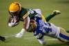 Winnipeg Blue Bombers defensive back DeAundre Alford is quick to lay a lick on Edmonton&rsquo;s Walter Fletcher Saturday night in Edmonton. The Blue and Gold secondary has been second to none this season. (Jason Franson / The Canadian Press files)