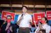 Prime Minister Justin Trudeau gives a speech surrounded by Liberal candidates at The Blue Note Park in Winnipeg during a campaign stop in the city on the eve of the federal election. (Jessica Lee / Winnipeg Free Press)