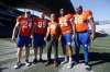 JOHN WOODS / WINNIPEG FREE PRESS
AMC grand chief Arlen Dumas, centre, with, from left, Mike Miller, Jake Thomas, Jackson Jeffcoat and Stanley Bryant at IG Field at the unveling of the Bomber' orange jersey. The Bombers and Edmonton Elks will wear orange jerseys during pregame warmups Friday.