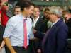 Liberal Party Leader Justin Trudeau at Carte International in Winnipeg on Tuesday. Here he talks to former Liberal cabinet minister Lloyd Axworthy. BORIS MINKEVICH / WINNIPEG FREE PRESS Sept. 29, 2015