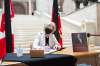 MIKE SUDOMA / WINNIPEG FREE PRESS Lieutenant Governor of Manitoba, Janice Filmon, signs a book of condolences for the late Prince Philip at the Manitoba Legislative Building Friday morning April 9, 2021