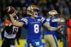 Winnipeg Blue Bombers quarterback Zach Collaros (8) throws against the B.C. Lions during the first half of CFL action in Winnipeg Saturday, October 23, 2021. THE CANADIAN PRESS/John Woods