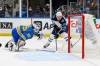 Jets forward Paul Stastny scores on an out-of-position St. Louis Blues goalie Ville Husso during the first period of the Jets victory Saturday in St. Louis. (Scott Kane / The Associated Press)