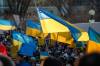 Thousands of people rally in support of the Ukraine outside the Manitoba Legislature in Winnipeg Saturday. THE CANADIAN PRESS/John Woods