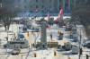 Protesters block the entrance to the Manitoba Legislative Building on Broadway Avenue and park their trucks along Memorial Boulevard on Feb. 4, the beginning of a weeks-long demonstration. (Mike Deal / Winnipeg Free Press files)