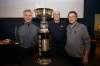 MIKE DEAL / WINNIPEG FREE PRESS
WHA Jets Perry Miller (from left), Mike Ford, and Bill Lesuk with the Avco World Trophy Thursday during the WHA reunion announcement at the Bell MTS Iceplex.
