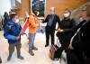 JOHN WOODS / WINNIPEG FREE PRESS Viktoriia Katsol and Christian Anayo Egwuom with their children Davyd, 9, and Filip, 4, from Ukraine are welcomed to Winnipeg by Taras Maluzynsky (centre) of the Ukrainian Canadian Congress - Manitoba Welcome Desk and Aniela Hannaford (right), owner of Brown’s Clearwater West Lodge. Hannaford has opened up her lodge to people escaping the Russian invasion of Ukraine. Re: streilein