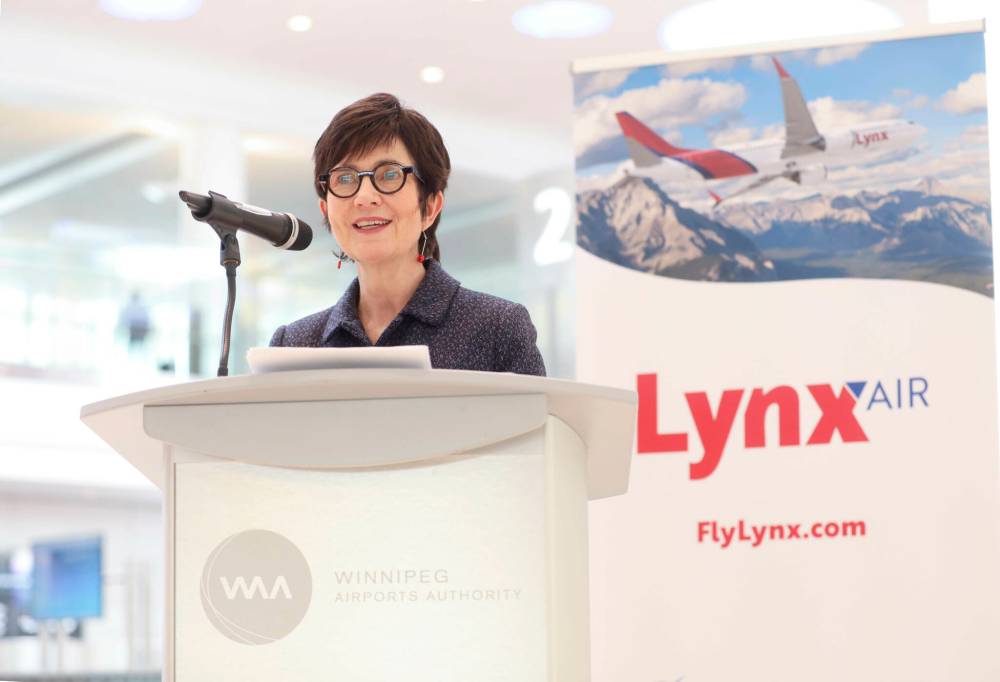 RUTH BONNEVILLE / WINNIPEG FREE PRESS 

Lynx Air CEO Merren McArthur touched down in Winnipeg on Tuesday to announce the arrival of Canada’s newest ultra-affordable airline.