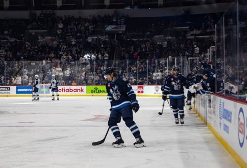 JESSICA LEE / WINNIPEG FREE PRESS
Manitoba Moose player Morgan Barron celebrates after scoring in Game 4 against the Milwaukee Admirals Friday at Canada Life Centre.