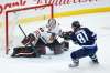 THE CANADIAN PRESS/John Woods
Chicago Blackhawks goaltender Robin Lehner gets his pad on the shot from Winnipeg Jets' Kyle Connor during the first period in Winnipeg, Thursday.