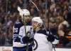 (TREVOR HAGAN / WINNIPEG FREE PRESS)
Winnipeg Jets' Blake Wheeler and Nikolaj Ehlers celebrate after Ehlers scored a bizarre goal from the corner after Toronto Maple Leafs goaltender Frederik Andersen tripped while trying to play the puck during first period Wednesday.