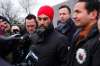 Daniel Crump / Winnipeg Free Press
Federal NDP Leader Jagmeet Singh (middle) and Provincial NDP Leader Wab Kinew (right) field questions from the media at Festival du Voyageur on Monday.