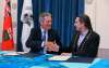 AMC Grand Chief Arlen Dumas and Premier Brian Pallister during the signing ceremony of a memorandum of understanding to formalize an agreement on the transfer of the province’s northern airports and marine operations to First Nations ownership and operation. (Mike Deal / Winnipeg Free Press)