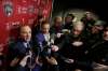National Hockey League Commissioner Gary Bettman, left, speaks to members of the media , Saturday, March 7, 2020, in Sunrise, Fla. (AP Photo/Wilfredo Lee)