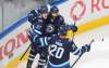 Jets forwards Nikolaj Ehlers, Mathieu Perreault and Cody Eakin, from left, celebrate a goal against the Flames during Tuesday&rsquo;s Game 4 loss. (Jason Franson / The Canadian Press files)
